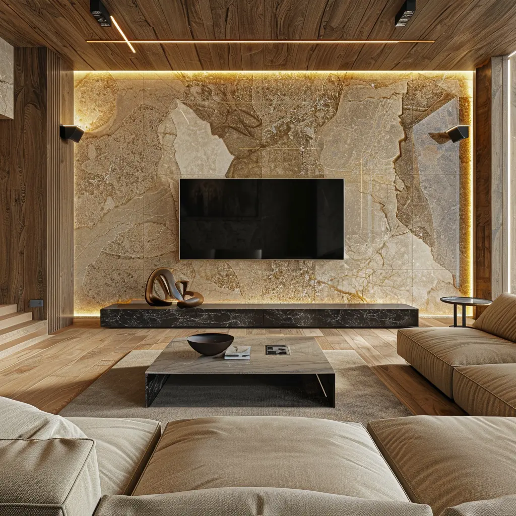 Living room with a veined stone TV feature wall, floating console, wooden ceiling and sectional sofa.
