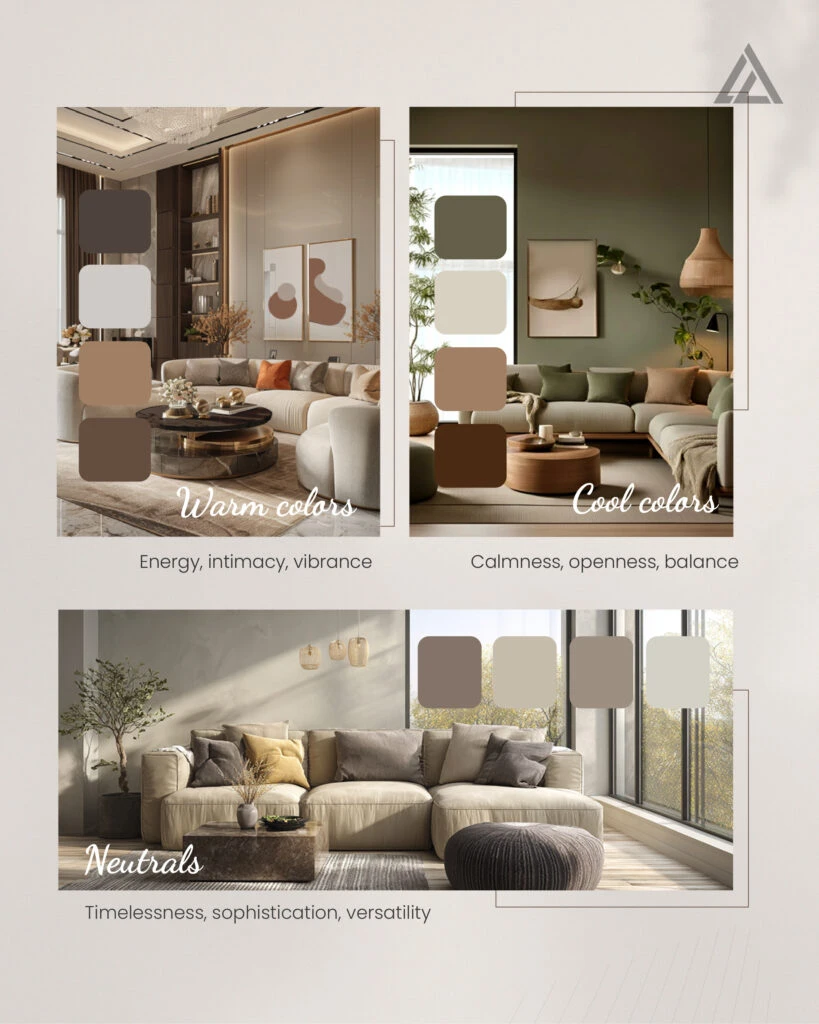 Interior design collage showing warm neutral living rooms with different furniture arrangements and material palettes.