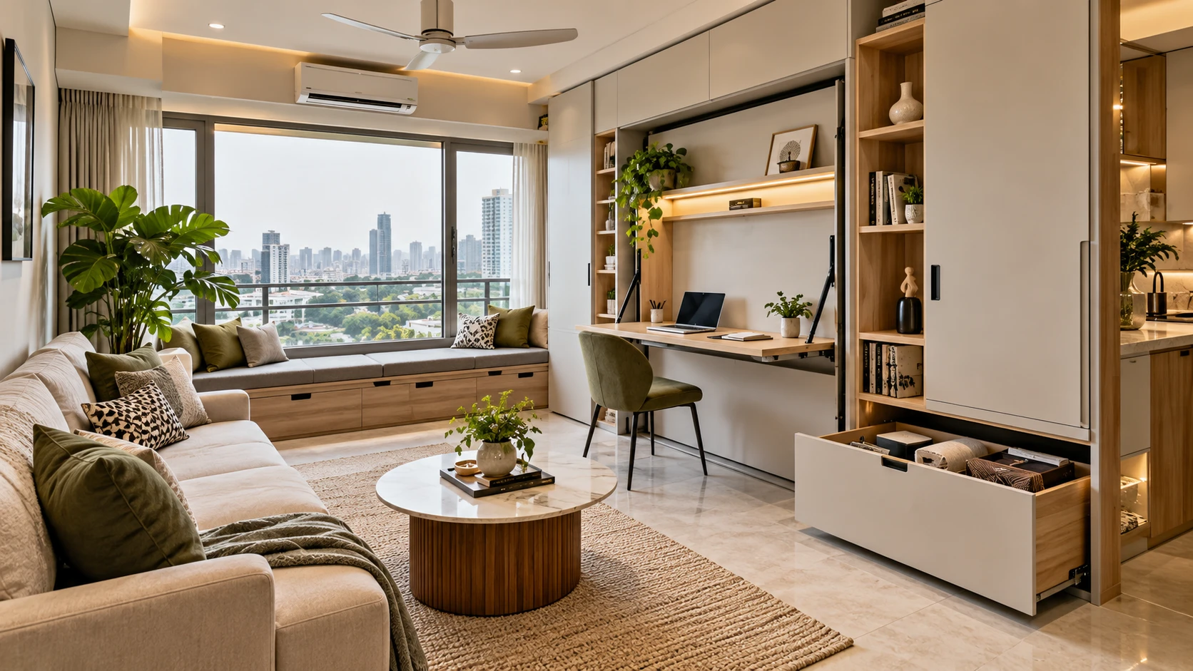 Compact living room with a cream sofa, round coffee table, TV unit, window seat and desk beside a large window.