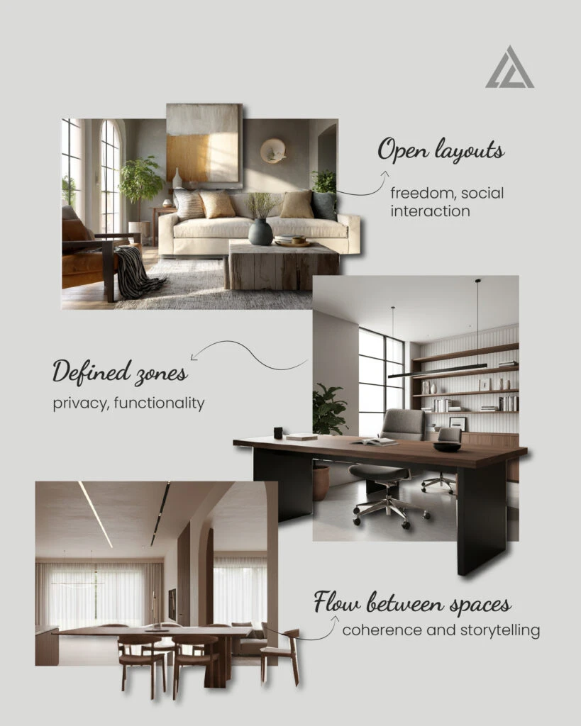 Open-plan interior design collage illustrating connected living spaces, defined zones and movement between rooms.