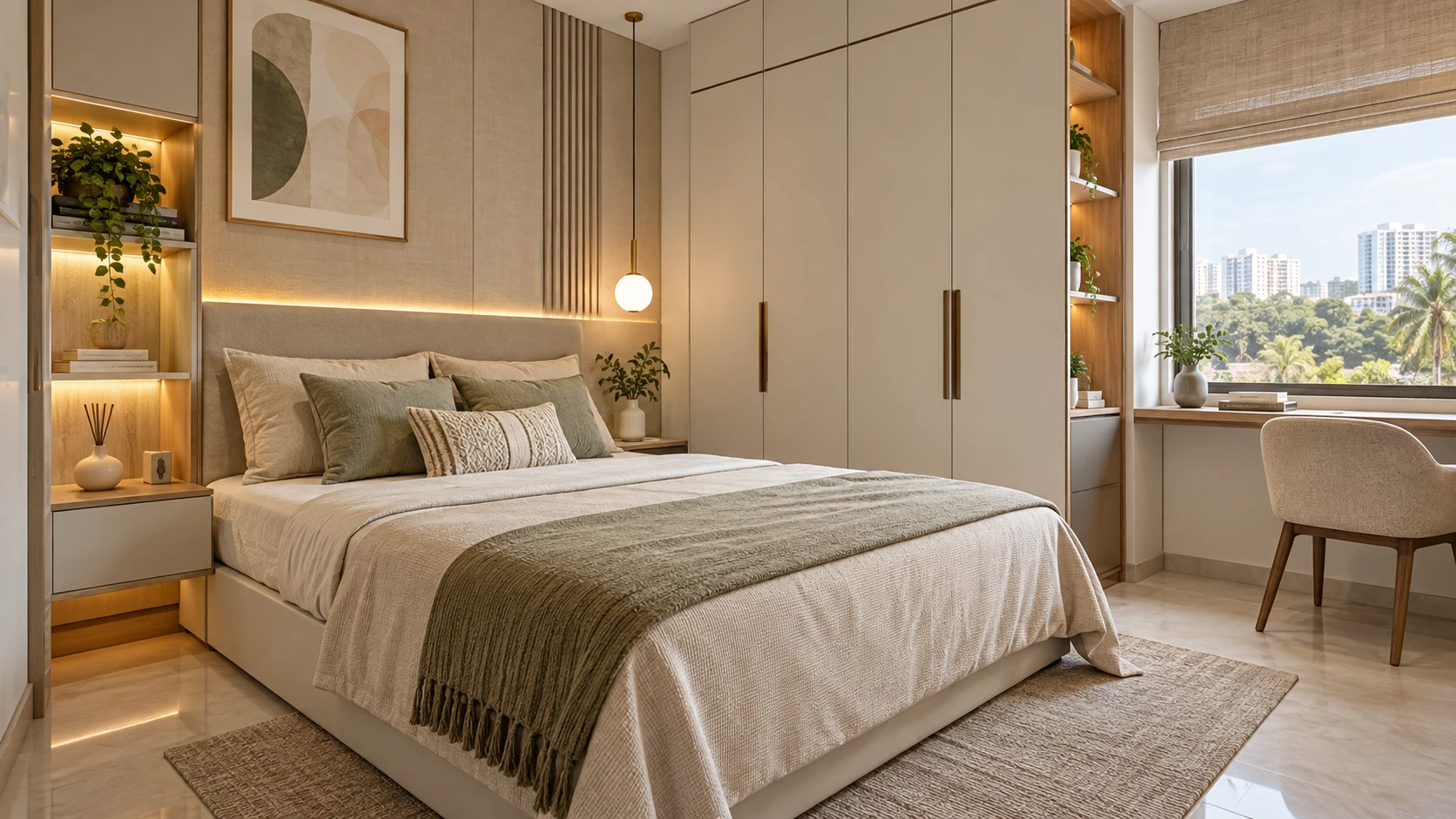 Bedroom with a padded headboard, wall-to-wall wardrobe, illuminated bedside shelving and dressing desk beside the window.