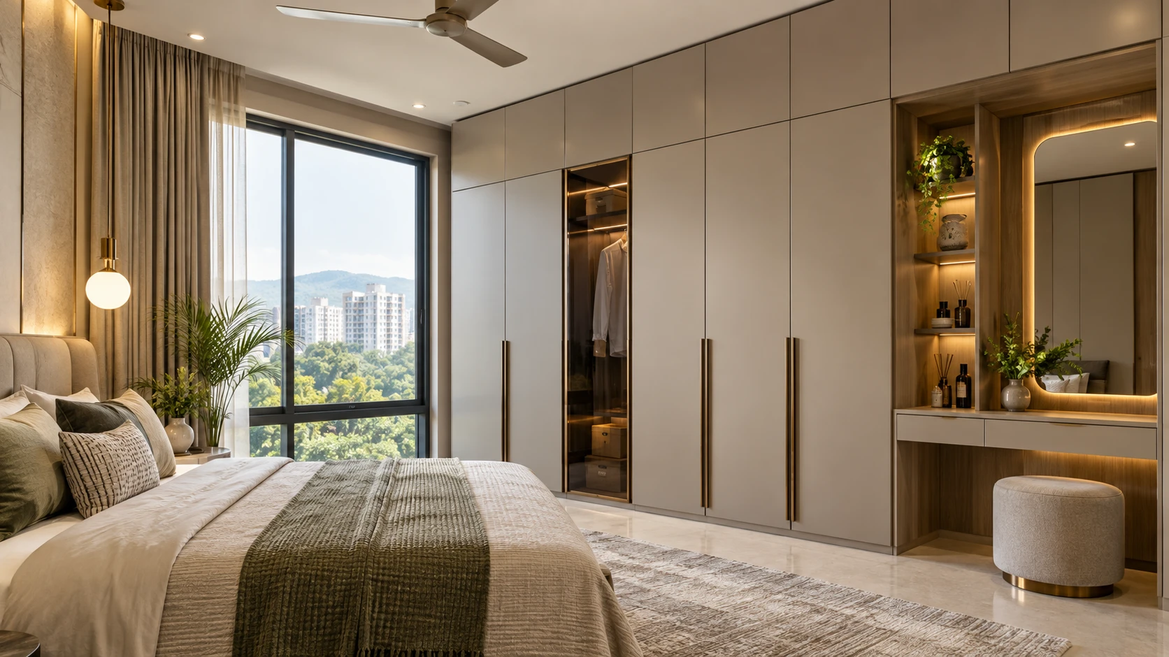 Bedroom with full-height wardrobes, a dressing mirror, illuminated shelves and a large window beside the bed.