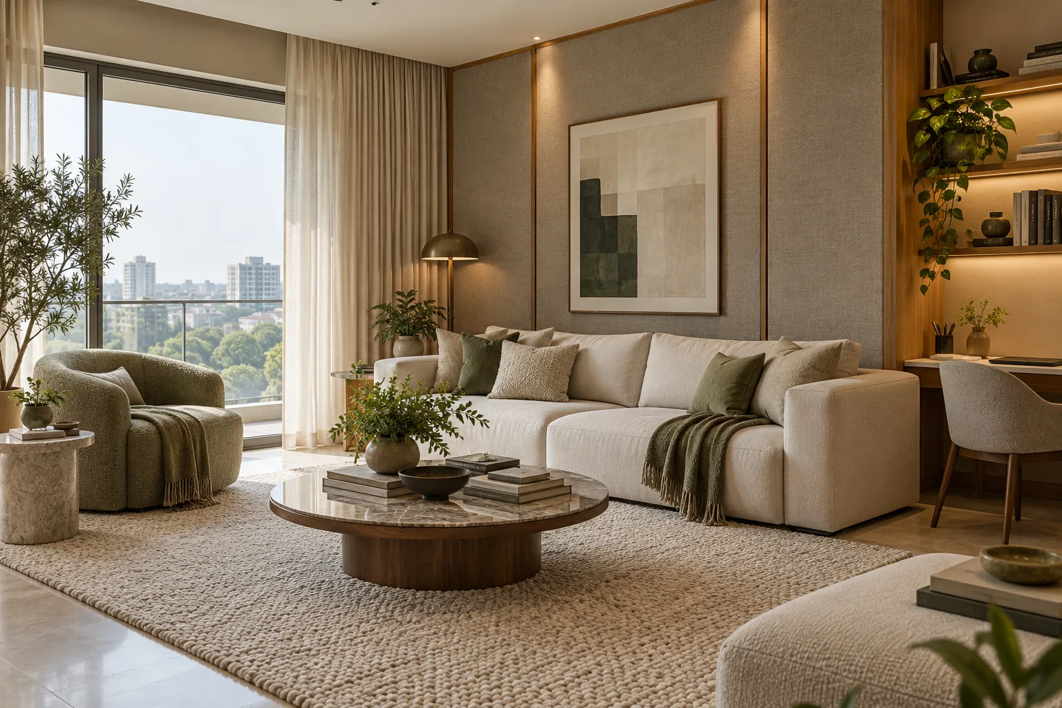 Modern living room with a cream sofa, olive accents, round marble coffee table, textured wall panels and a built-in study nook.