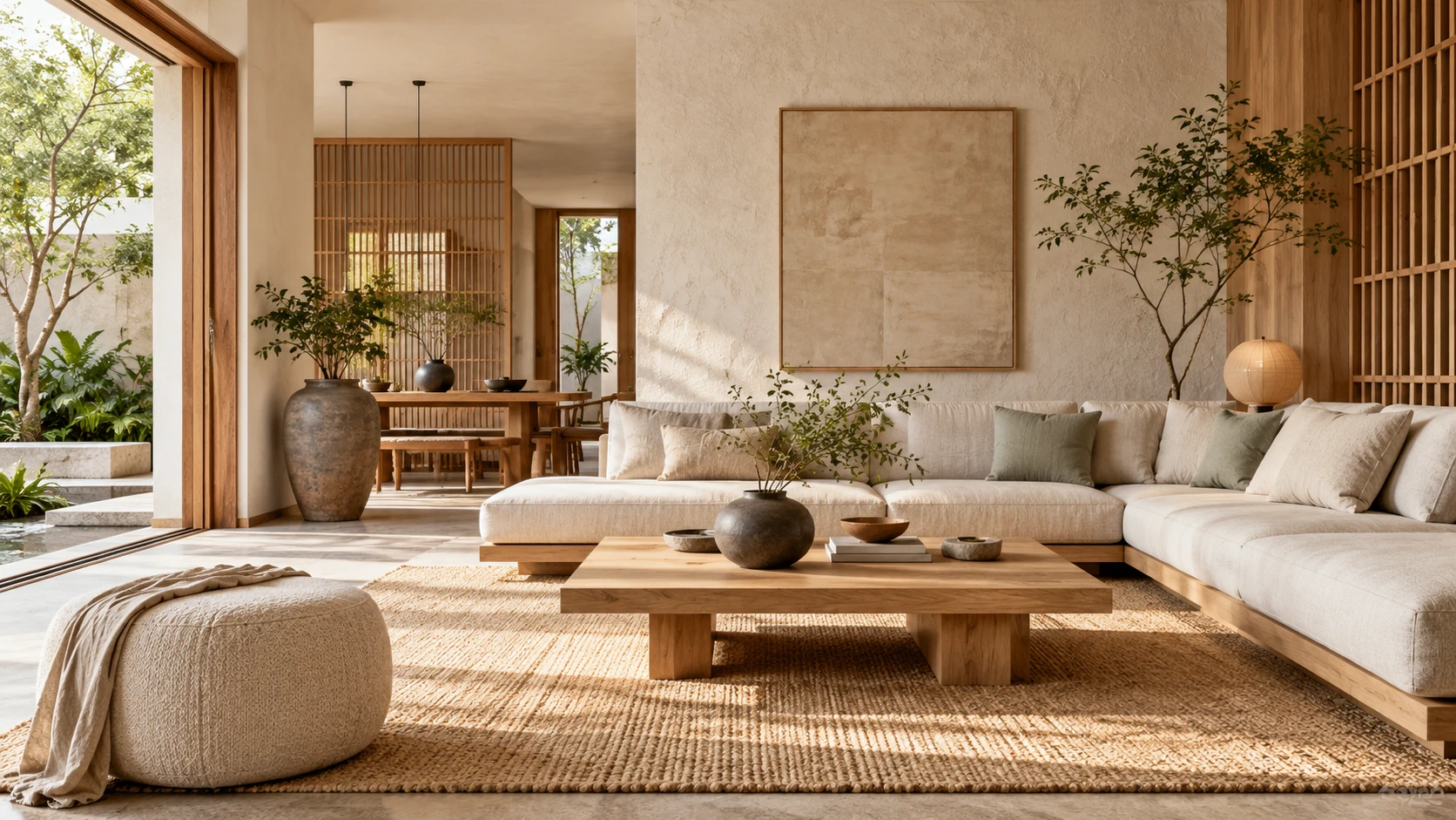 Living room with cream seating, a low wooden coffee table, textured wall art and an indoor tree.