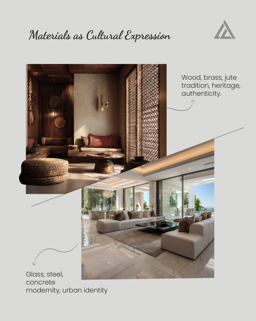 Interior design collage comparing warm wood and stone finishes with glass, steel and concrete materials.