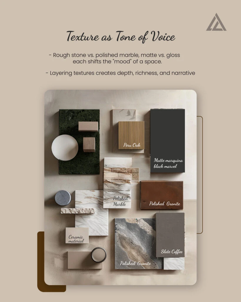 Neutral interior material mood board with fabric swatches, wood finishes, stone samples and hardware.