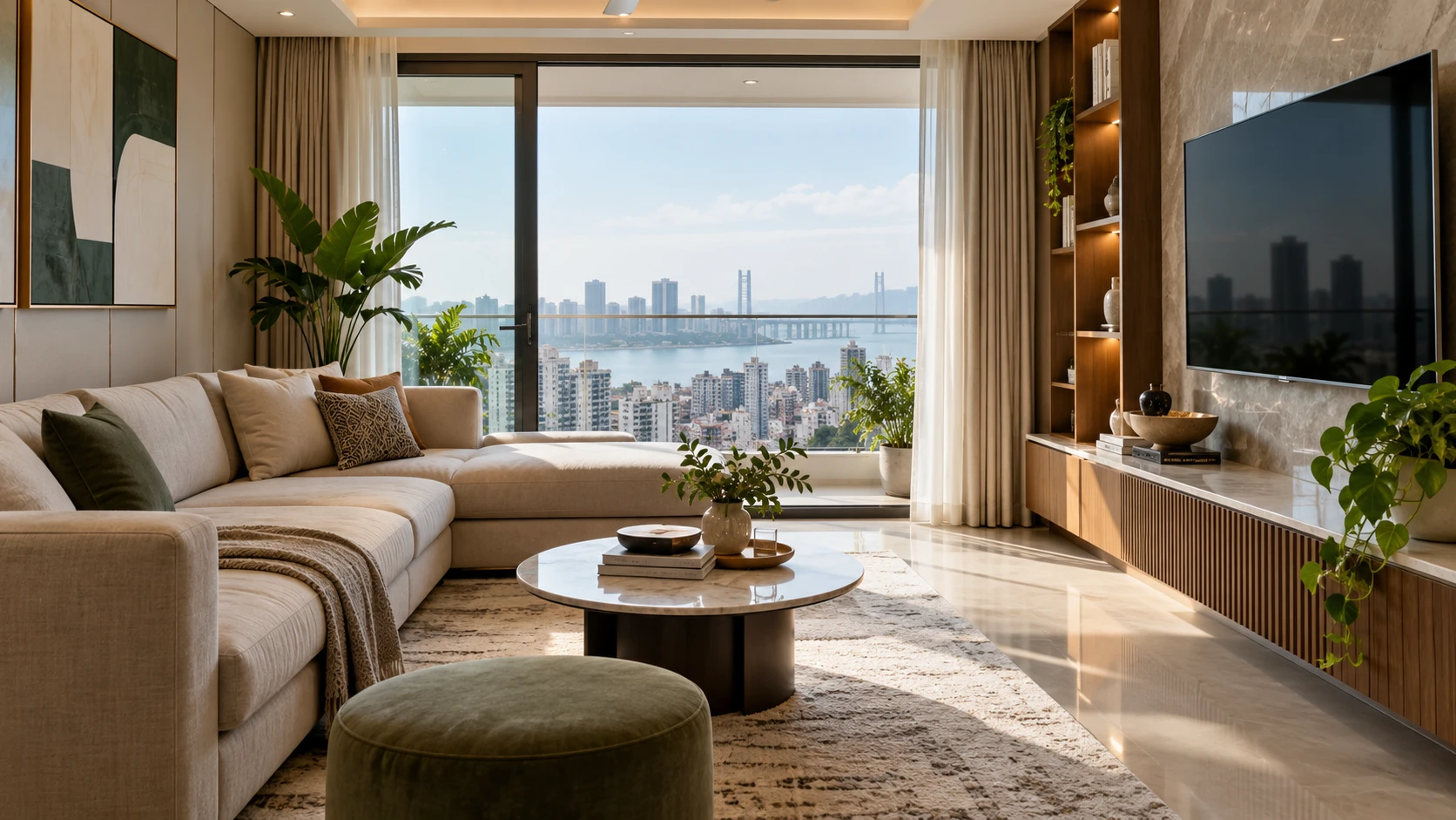 Living room with a curved cream sofa, round coffee table, green ottoman and wall-mounted TV beside city-view windows.