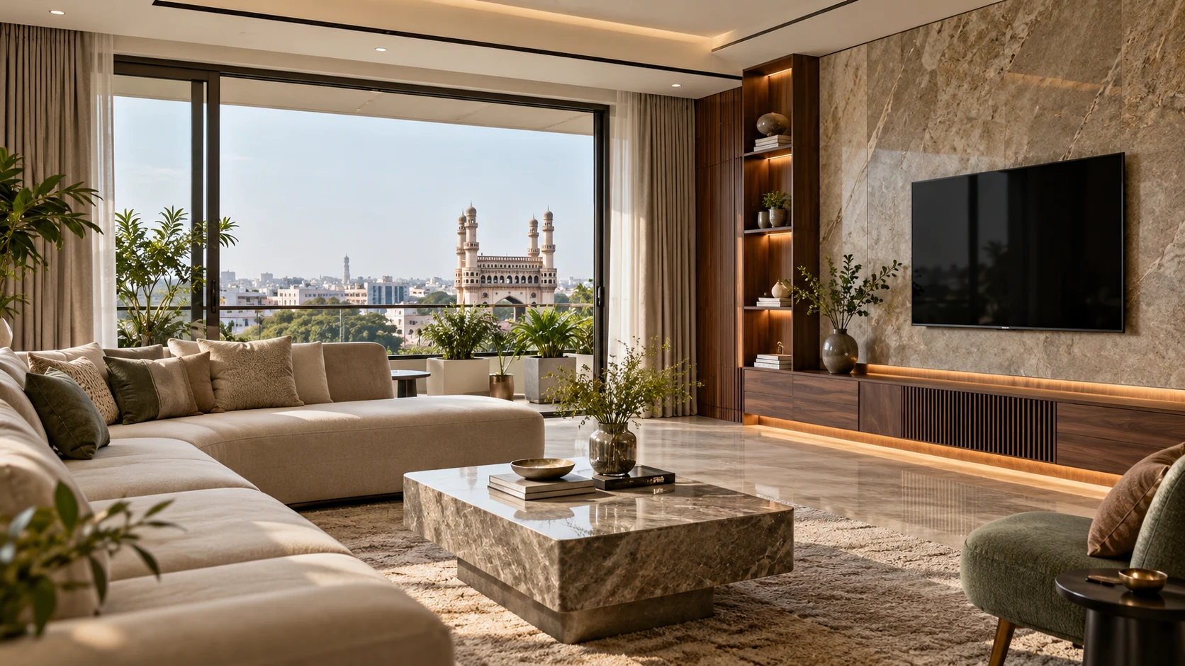 Living room with a cream sectional sofa, square stone coffee table, stone TV feature wall and wide city-view windows.