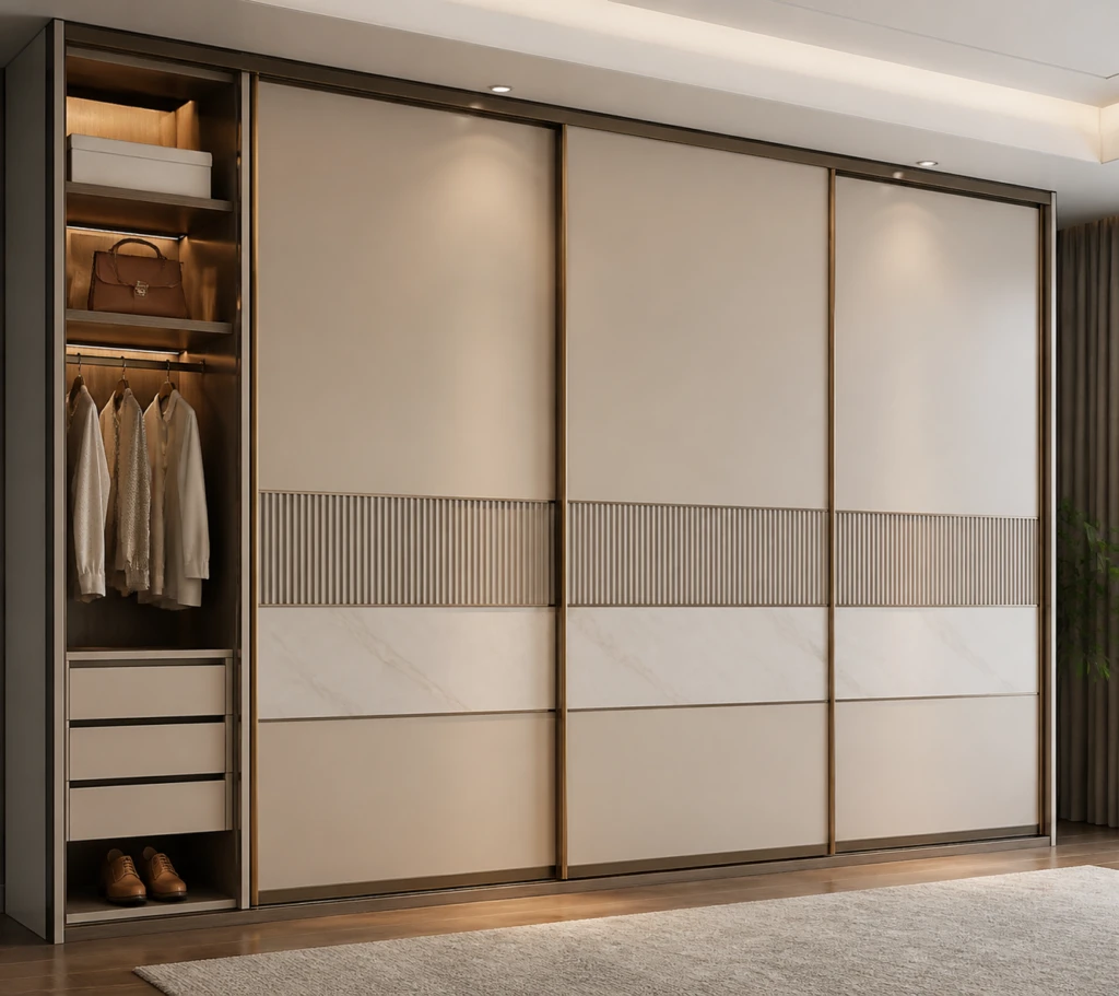 Full-height sliding wardrobe with pale doors, a horizontal ribbed detail and an open illuminated storage section.
