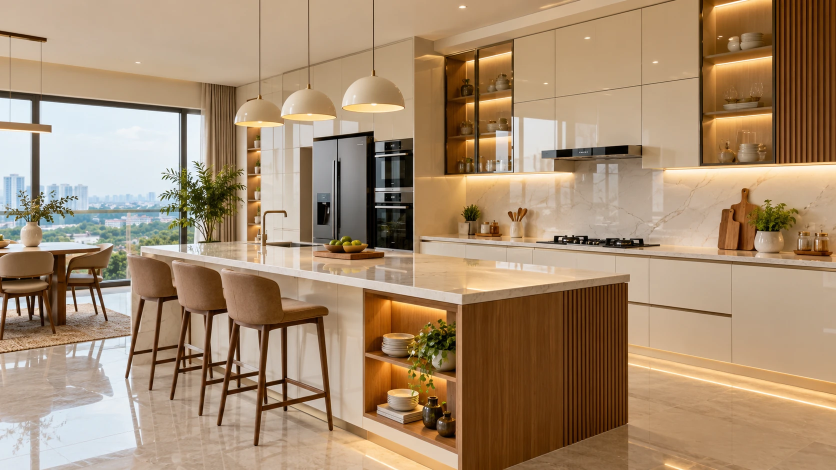 Cream kitchen with a white island, breakfast stools, pendant lights, glass display cabinets and open wooden shelving.