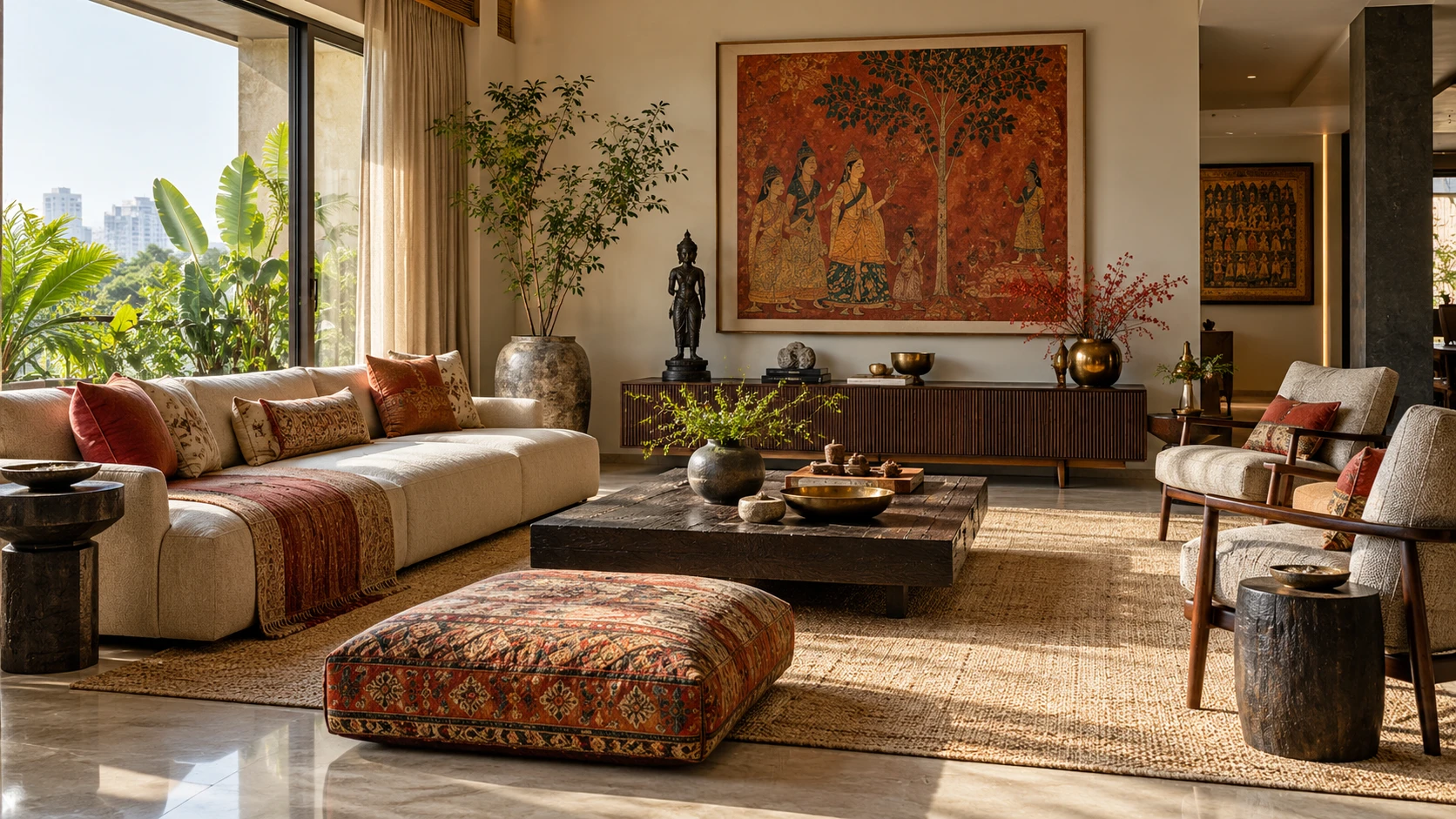 Living room with warm neutral seating, patterned textiles, traditional wall art and wooden accent furniture.