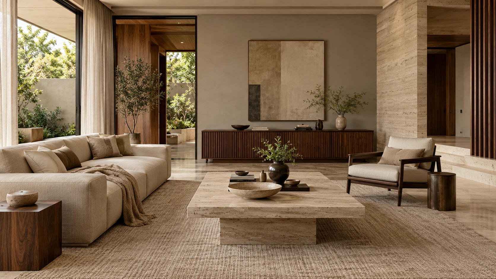 Neutral living room with cream sofas, a low stone coffee table, textured TV wall and natural light from tall windows.