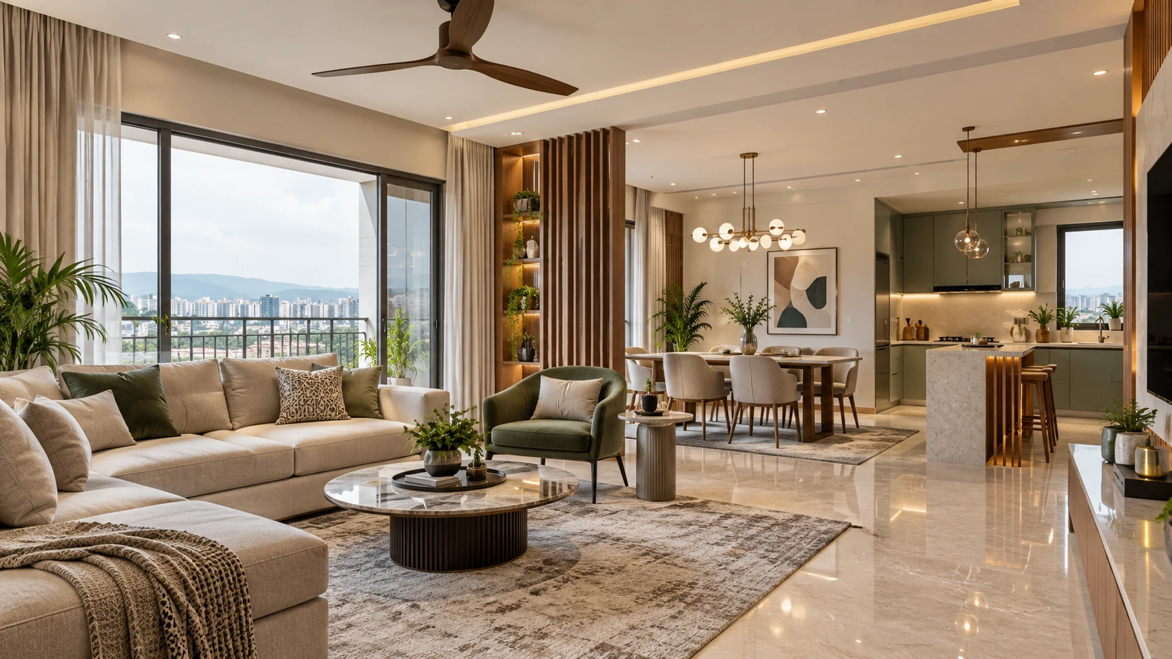 Open living and dining room with cream seating, a round coffee table, built-in display shelves and balcony doors.