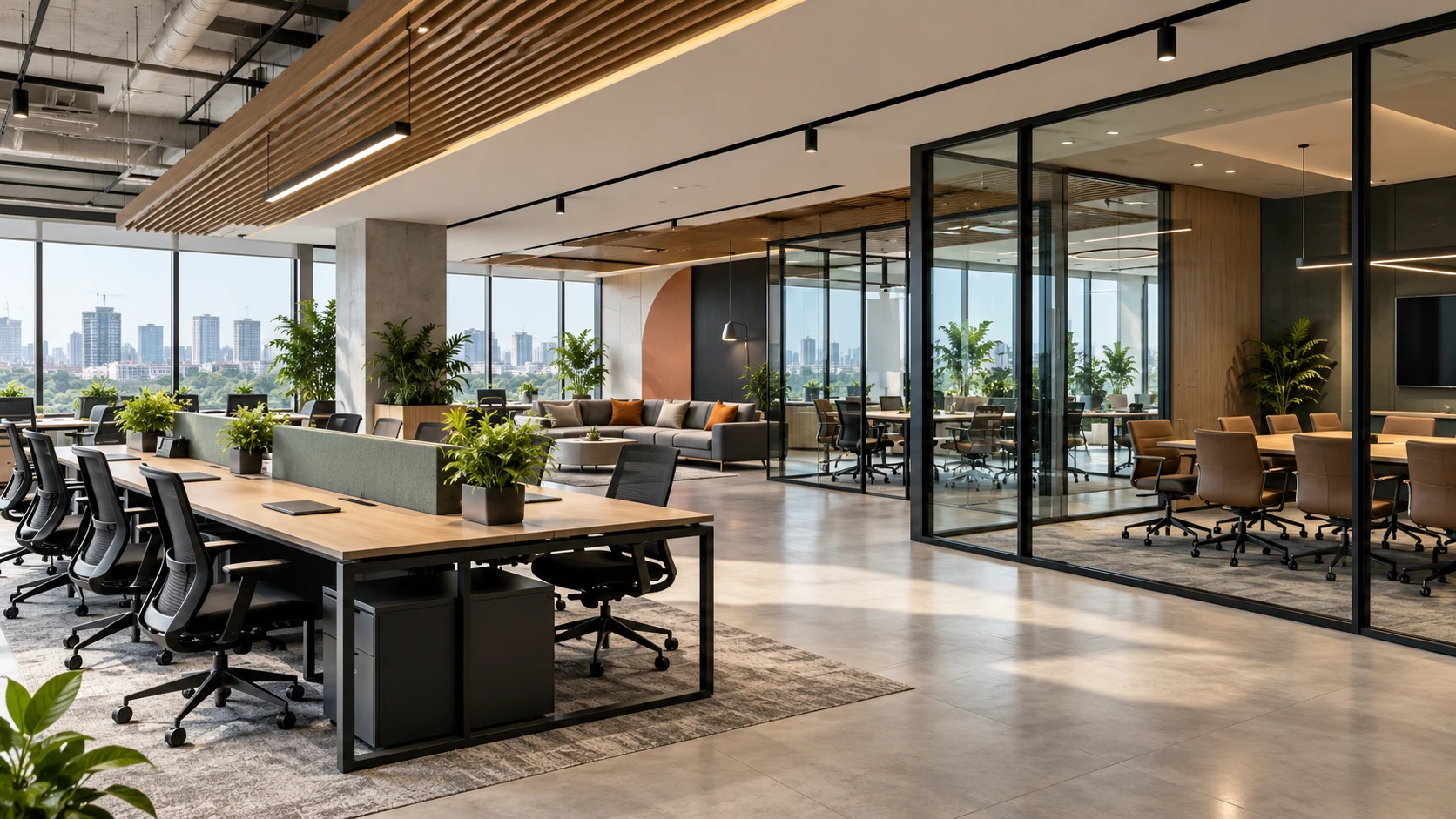 Open-plan office with shared desks, black task chairs, glass meeting rooms, indoor plants and timber ceiling slats.